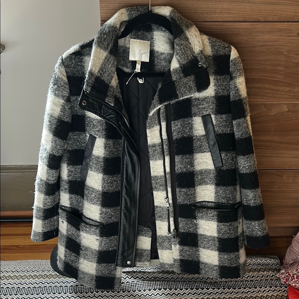 Joie Black and White Buffalo Plaid Pea Coat